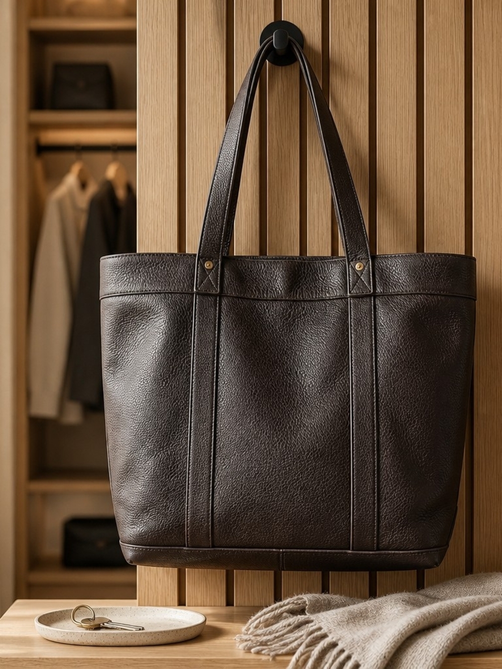 Banana Republic Lg Brown Pebbled Leather Tote Bag Work, Travel - Picture 4 of 13